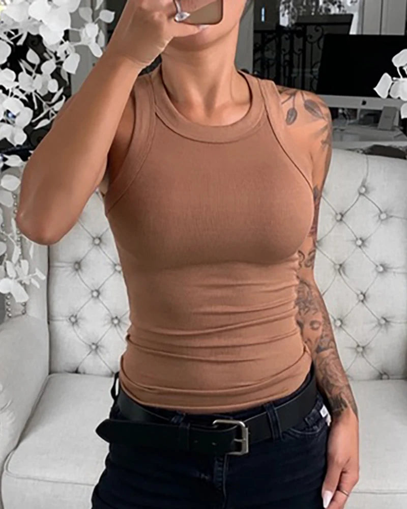 Women's Solid Ribbed Round Neck Tank Top – Summer Basic Elastic Camisole Style Heaven