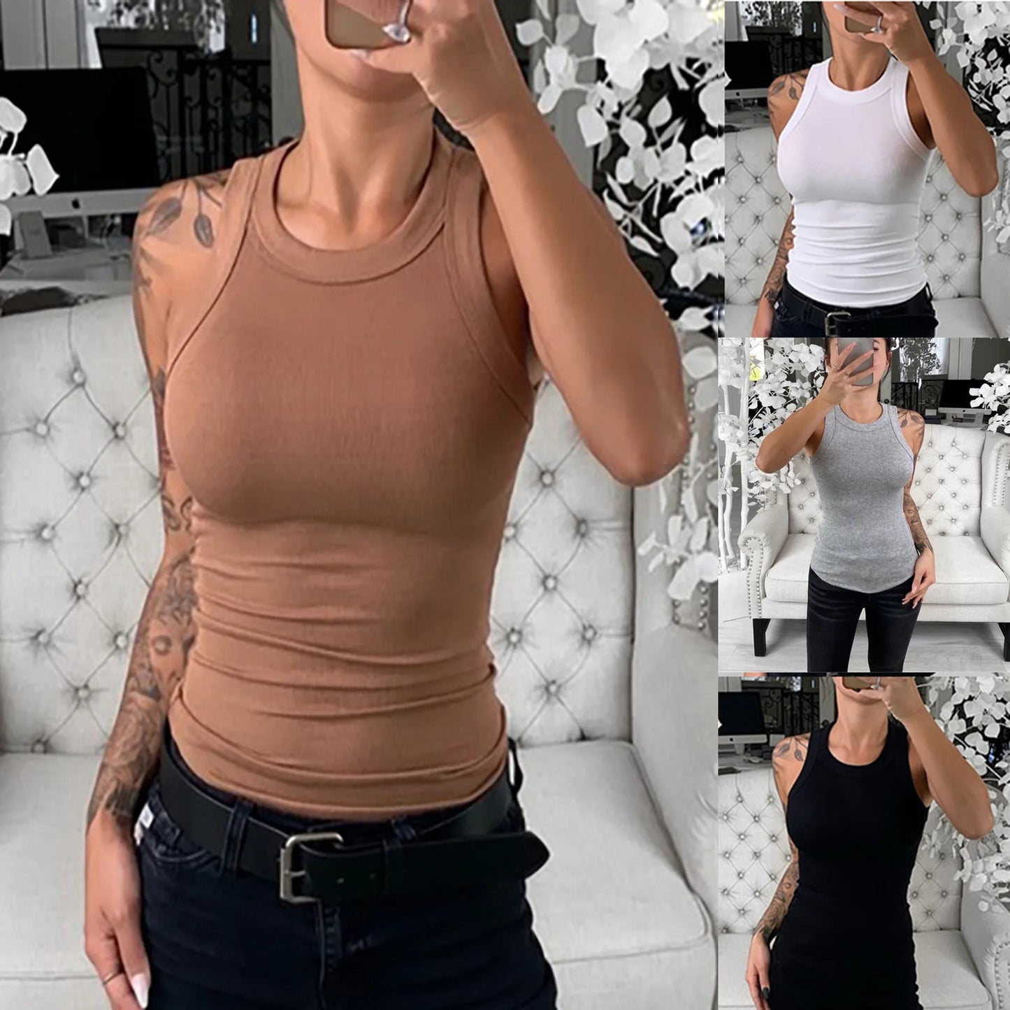 Women's Solid Ribbed Round Neck Tank Top – Summer Basic Elastic Camisole Style Heaven