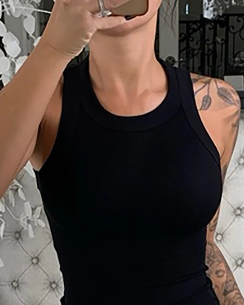 Women's Solid Ribbed Round Neck Tank Top – Summer Basic Elastic Camisole Style Heaven