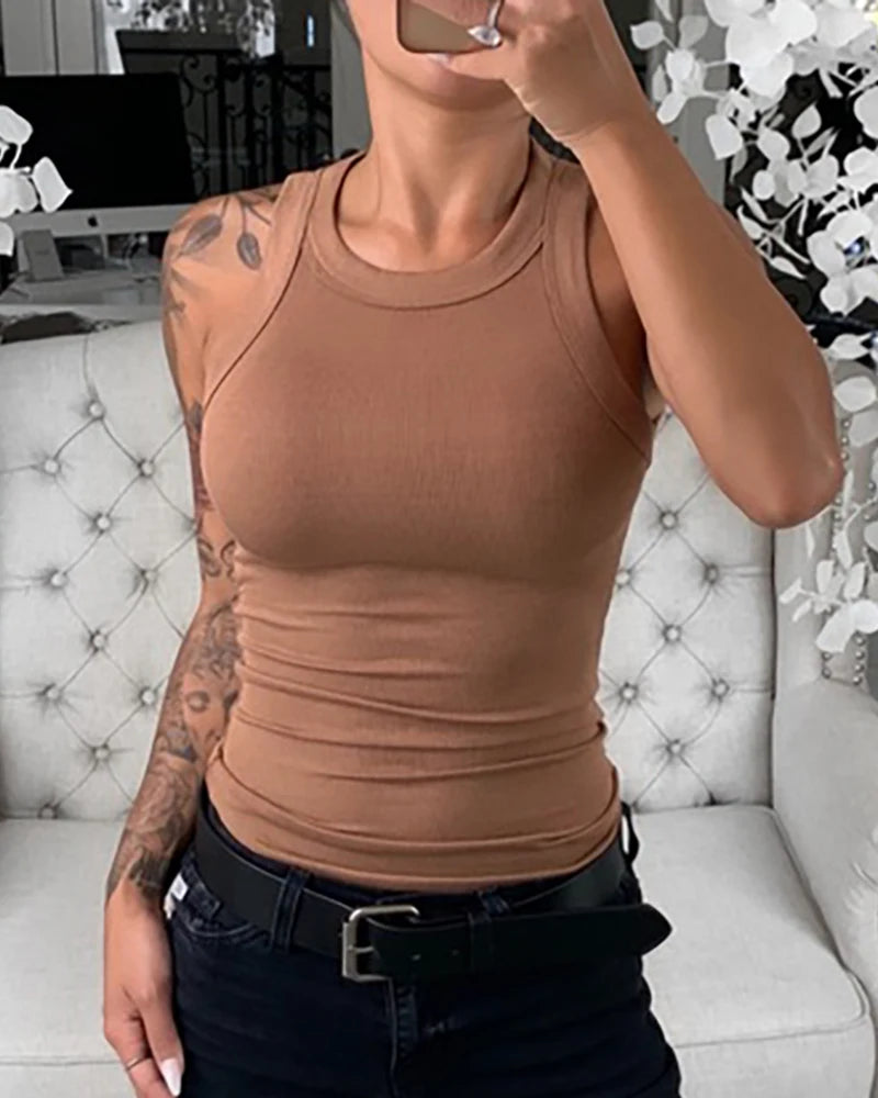 Women's Solid Ribbed Round Neck Tank Top – Summer Basic Elastic Camisole Style Heaven