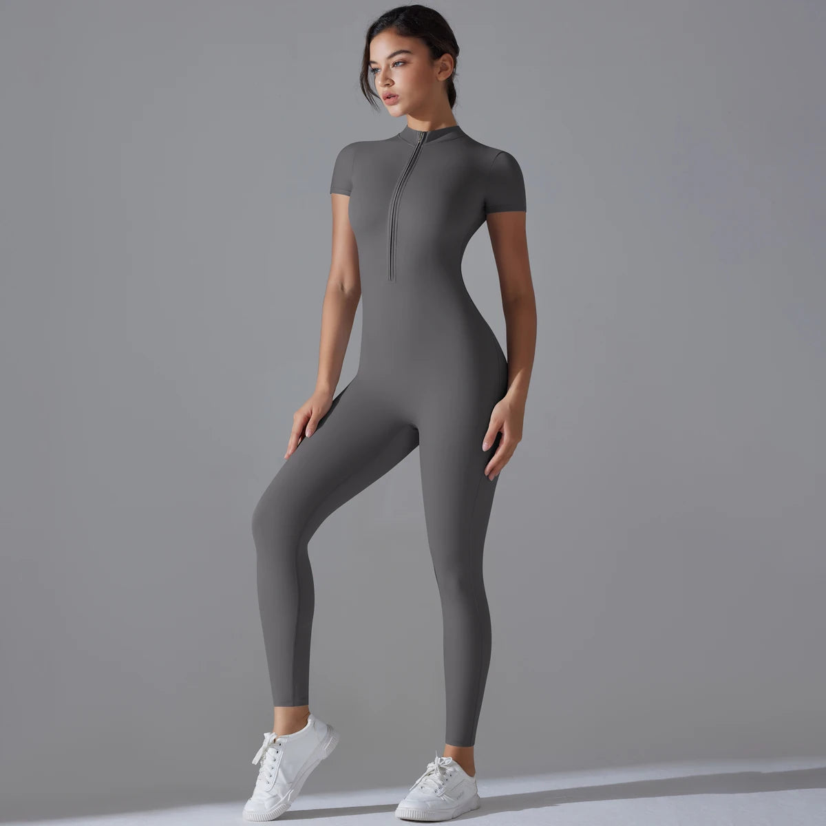 Women’s One-Piece Short Sleeve Yoga Jumpsuit with Zipper – Push-Up Gym Fitness Bodysuit Style Heaven