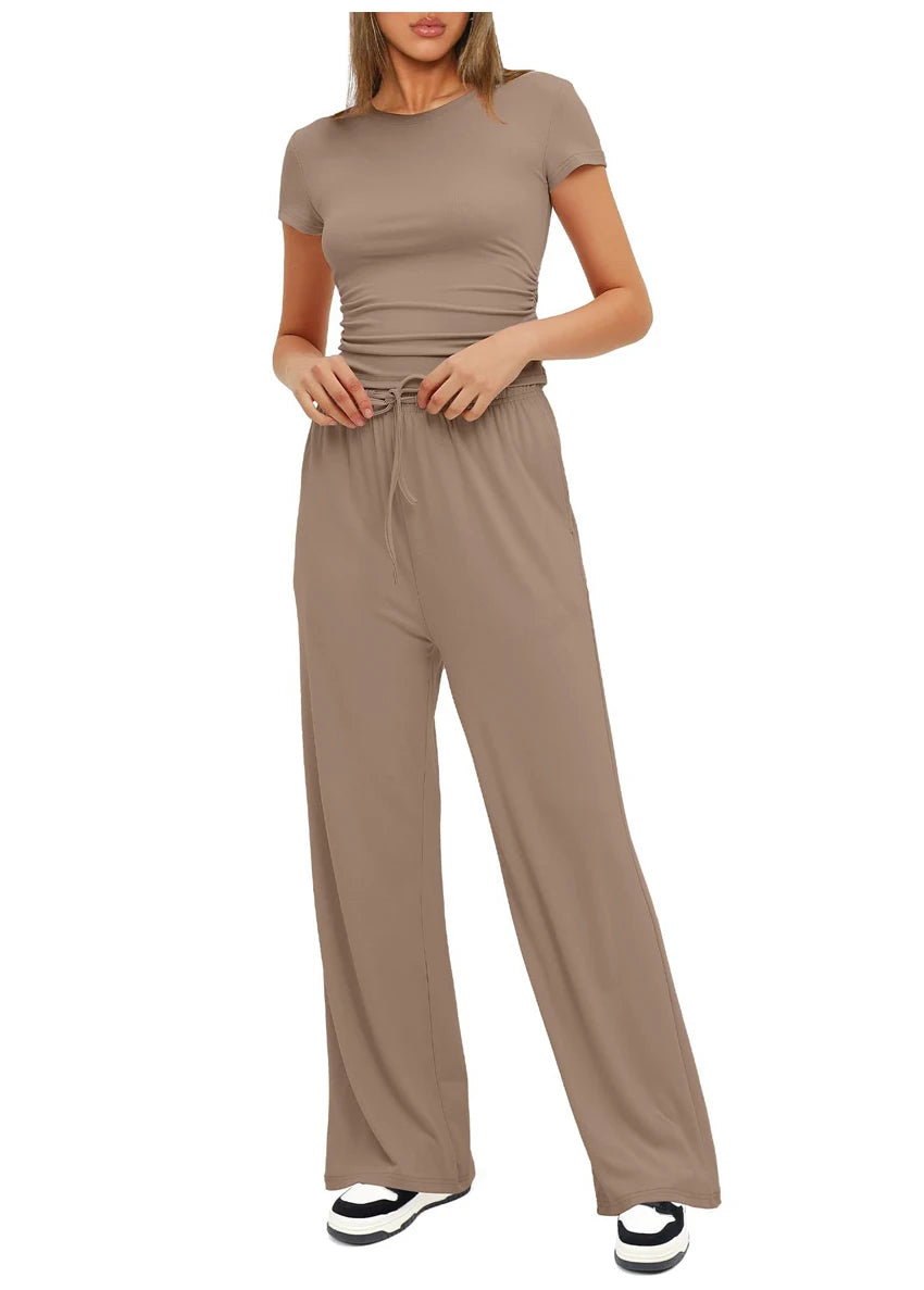 Women's Summer Casual 2-Piece Tracksuit – O-Neck T-Shirt & Wide-Leg Pants Set Style Heaven