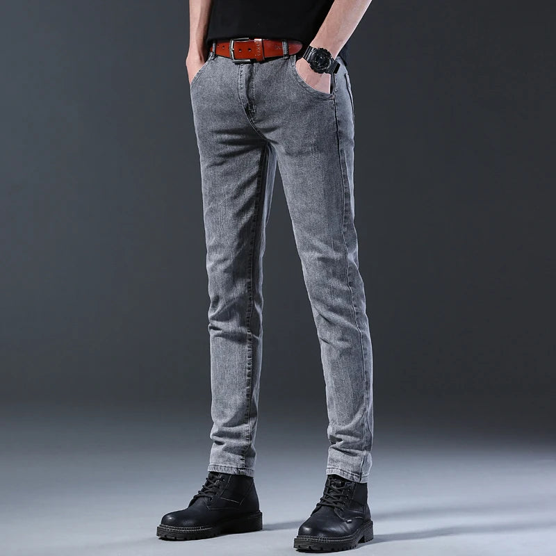 New Style Men’s Slim Fit Jeans – Korean Style Elastic Gray Mid-Waist Denim Pants Style Heaven