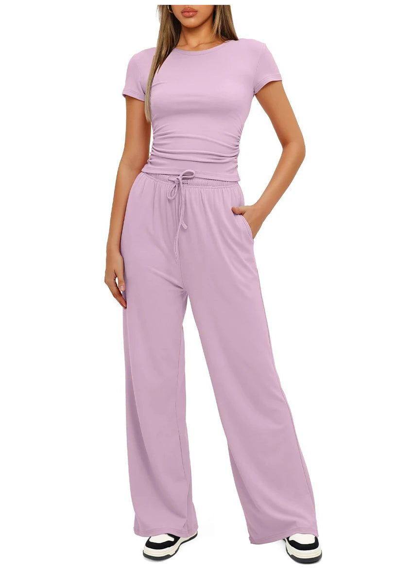 Women's Summer Casual 2-Piece Tracksuit – O-Neck T-Shirt & Wide-Leg Pants Set Style Heaven