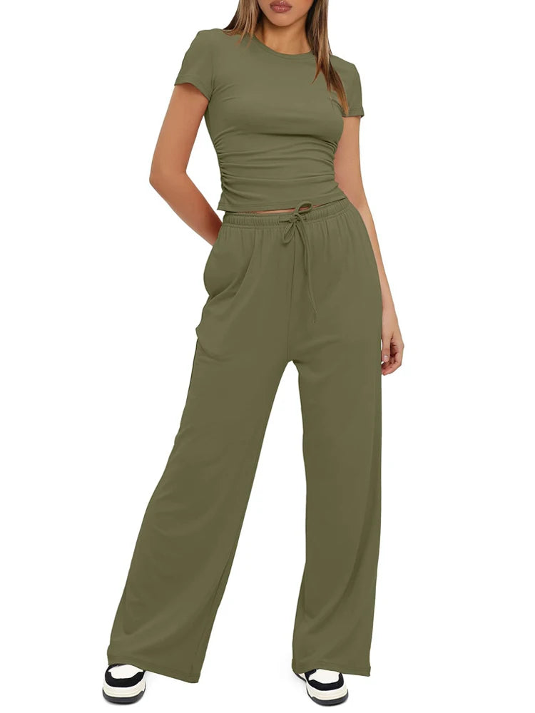 Women's Summer Casual 2-Piece Tracksuit – O-Neck T-Shirt & Wide-Leg Pants Set Style Heaven