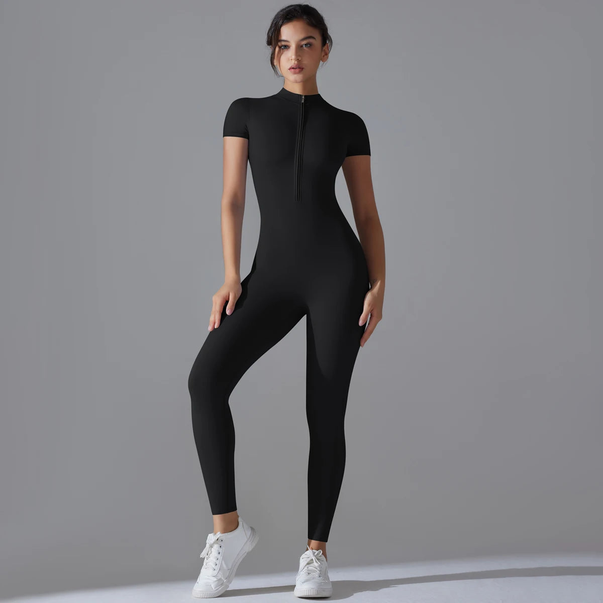 Women’s One-Piece Short Sleeve Yoga Jumpsuit with Zipper – Push-Up Gym Fitness Bodysuit Style Heaven