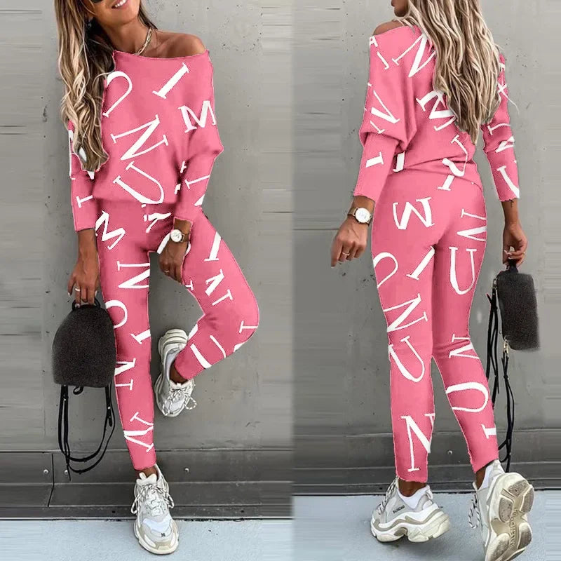 Women’s European & American Style Letter Printed Long Sleeve Pants Casual Suit Style Heaven