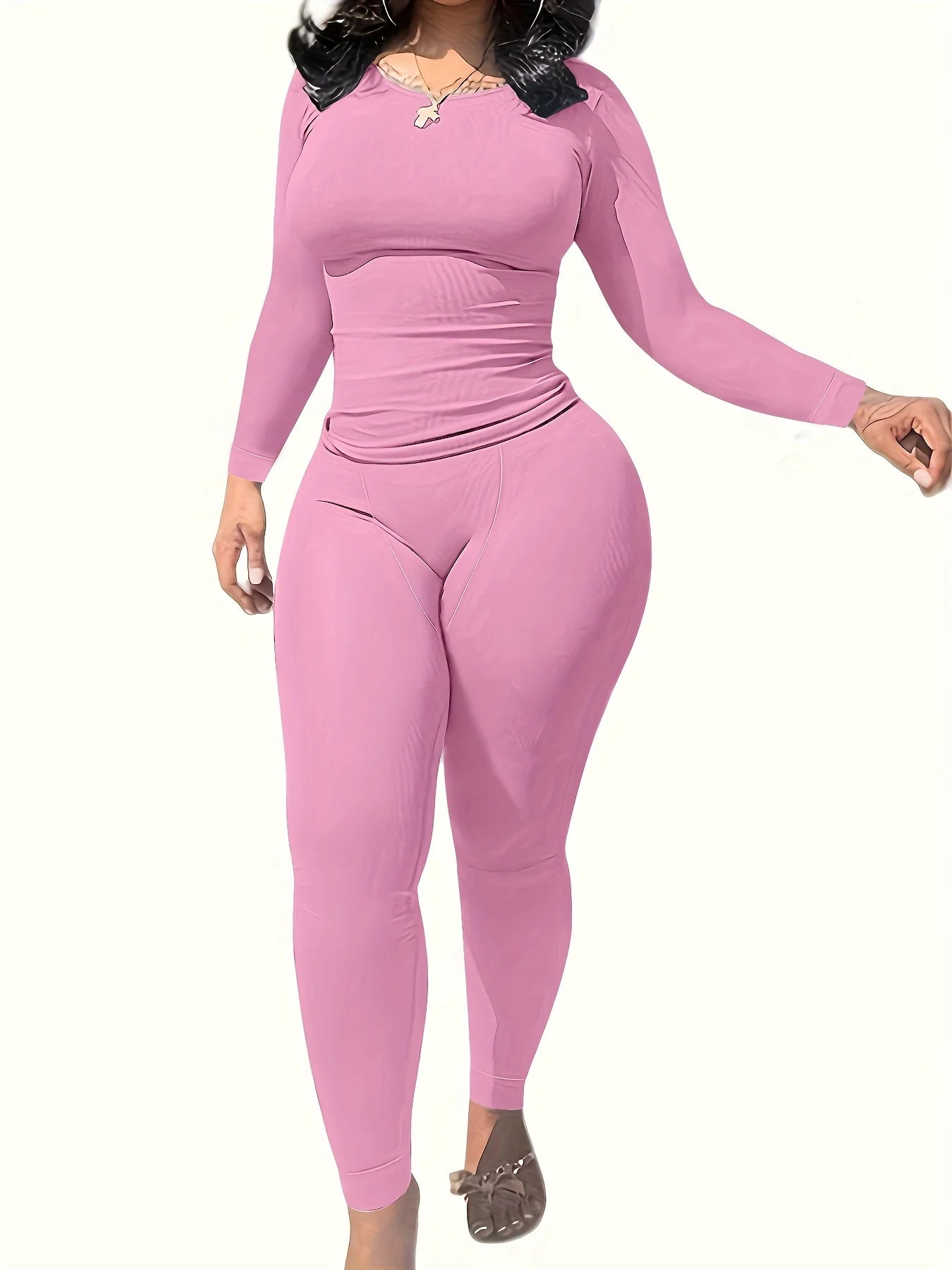 Women's 2PCS Solid Color Yoga Set – Long Sleeve Top & High-Stretch Leggings Activewear Style Heaven