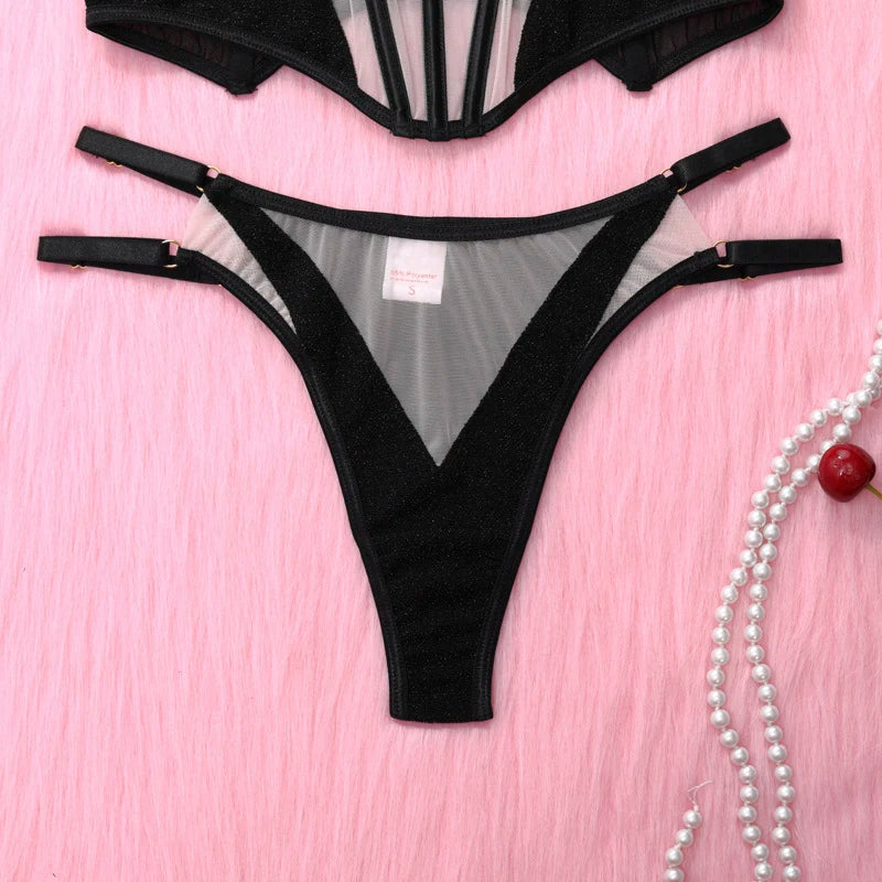 Erotic Lingerie Set – Tulle Glitter Patchwork Garter Belt & Transparent Sexy Outfit