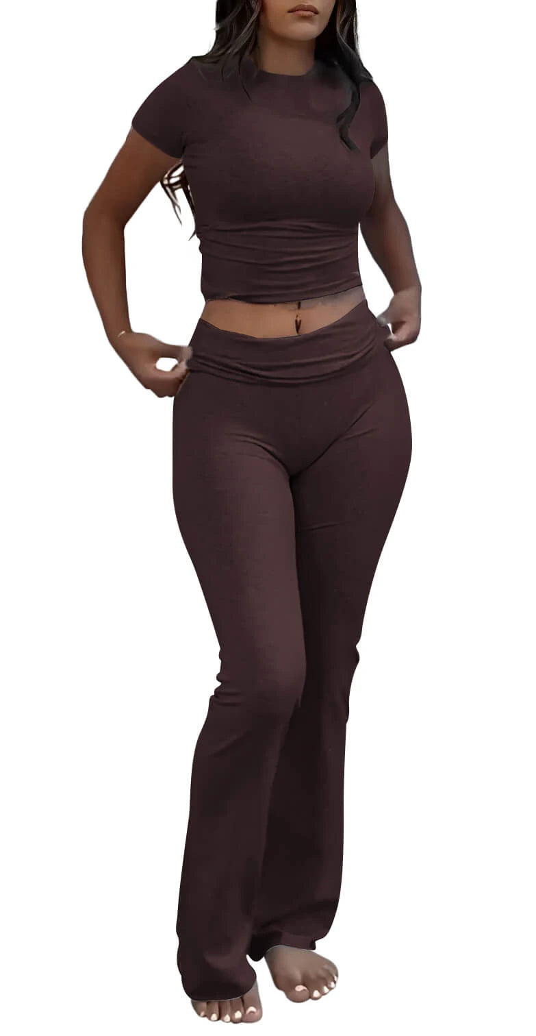 Women's 2-Piece Workout Set – Crew Neck T-Shirt & Low Rise Flare Pants Style Heaven