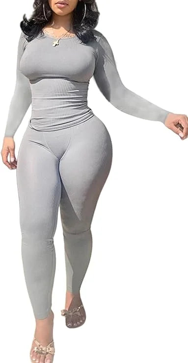 Women's 2PCS Solid Color Yoga Set – Long Sleeve Top & High-Stretch Leggings Activewear Style Heaven