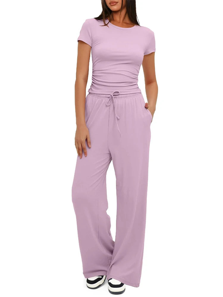 Women's Summer Casual 2-Piece Tracksuit – O-Neck T-Shirt & Wide-Leg Pants Set Style Heaven