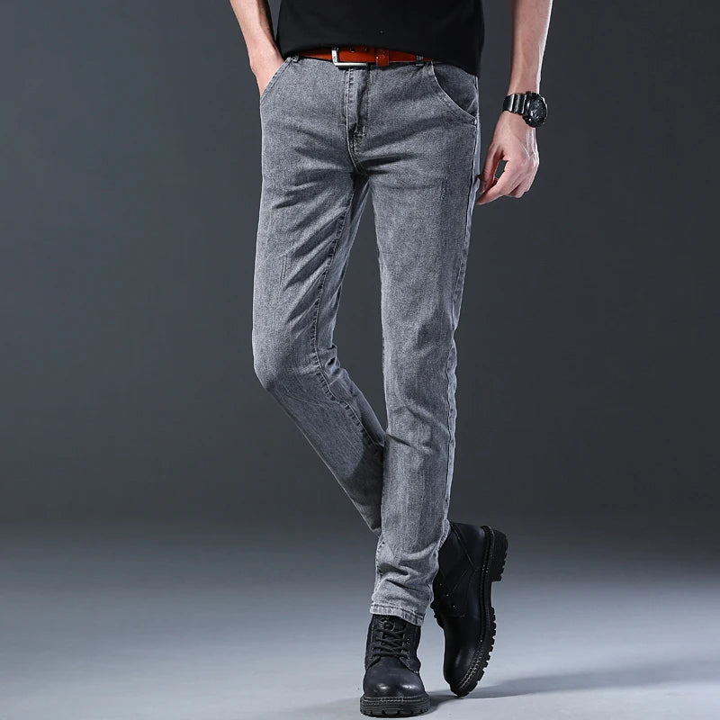 New Style Men’s Slim Fit Jeans – Korean Style Elastic Gray Mid-Waist Denim Pants Style Heaven