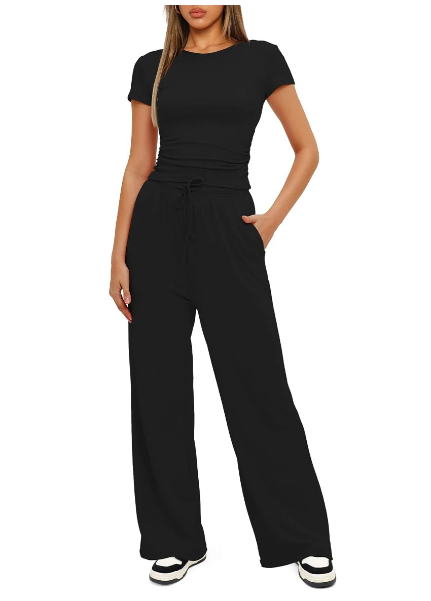 Women's Summer Casual 2-Piece Tracksuit – O-Neck T-Shirt & Wide-Leg Pants Set Style Heaven