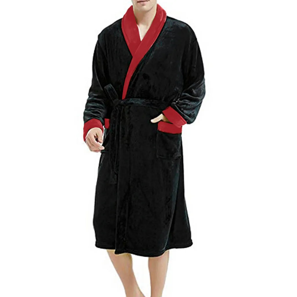 Men’s Winter Flannel Hooded Bathrobe – Warm Solid Color Nightgown with Belt & Pockets - Style Heaven