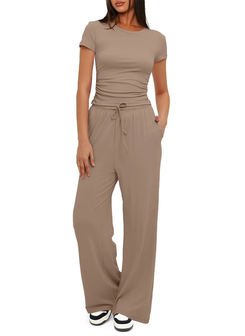 Women's Summer Casual 2-Piece Tracksuit – O-Neck T-Shirt & Wide-Leg Pants Set Style Heaven