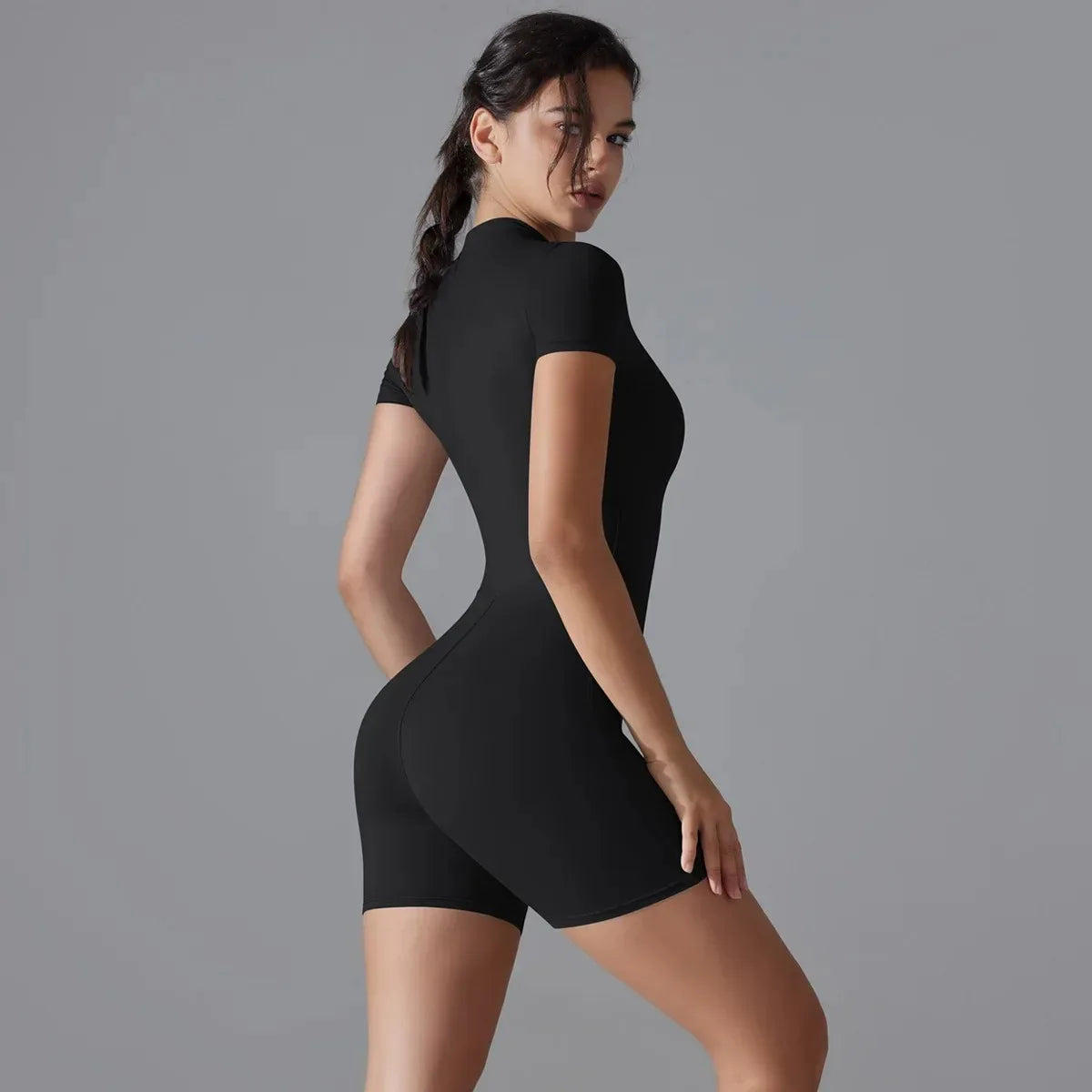 Women's One-Piece Zipper Yoga Jumpsuit – Short Sleeve Push-Up Gym Bodysuit Style Heaven