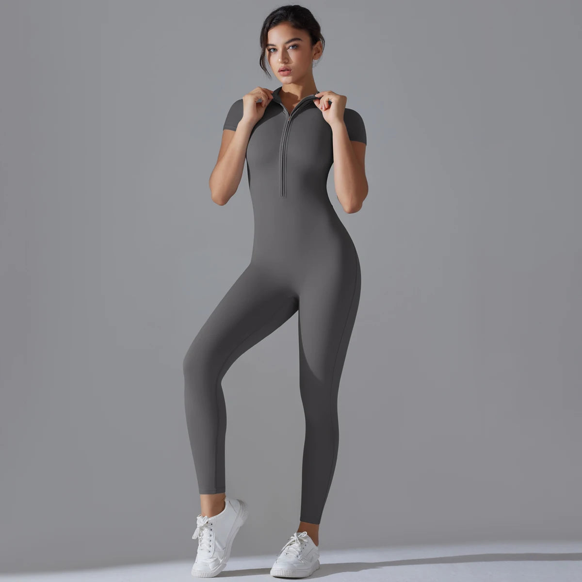 Women’s One-Piece Short Sleeve Yoga Jumpsuit with Zipper – Push-Up Gym Fitness Bodysuit Style Heaven