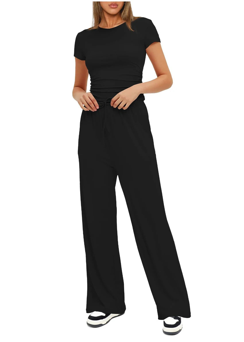 Women's Summer Casual 2-Piece Tracksuit – O-Neck T-Shirt & Wide-Leg Pants Set Style Heaven