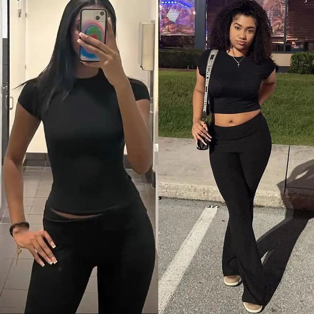 Women's 2-Piece Workout Set – Crew Neck T-Shirt & Low Rise Flare Pants Style Heaven