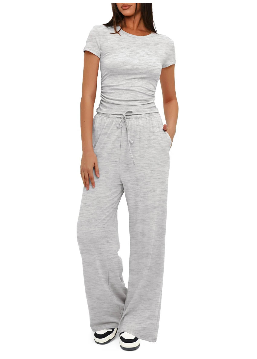 Women's Summer Casual 2-Piece Tracksuit – O-Neck T-Shirt & Wide-Leg Pants Set Style Heaven