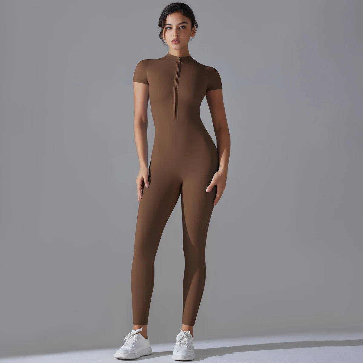 Women’s One-Piece Short Sleeve Yoga Jumpsuit with Zipper – Push-Up Gym Fitness Bodysuit Style Heaven