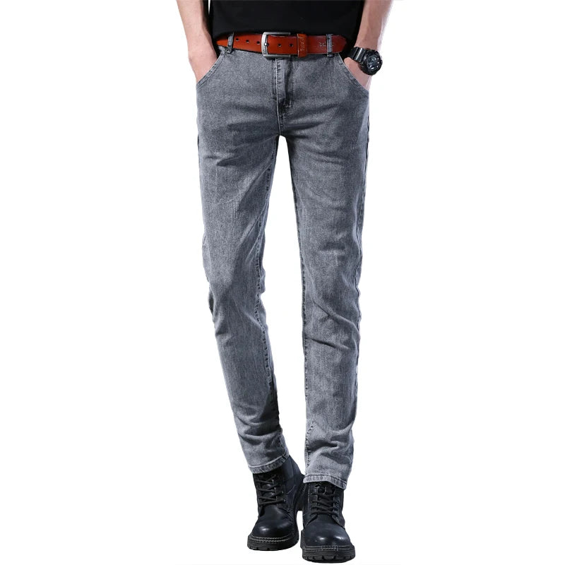 New Style Men’s Slim Fit Jeans – Korean Style Elastic Gray Mid-Waist Denim Pants Style Heaven
