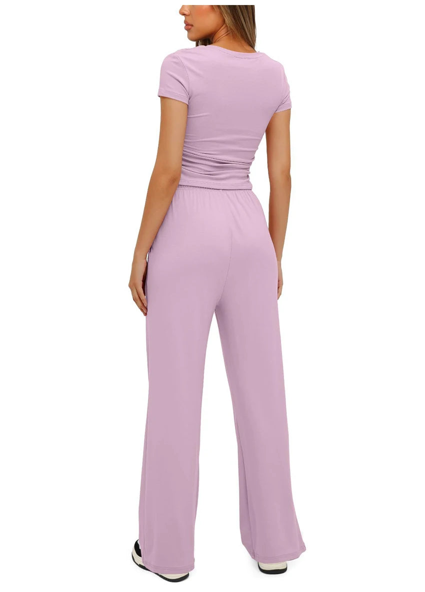 Women's Summer Casual 2-Piece Tracksuit – O-Neck T-Shirt & Wide-Leg Pants Set Style Heaven