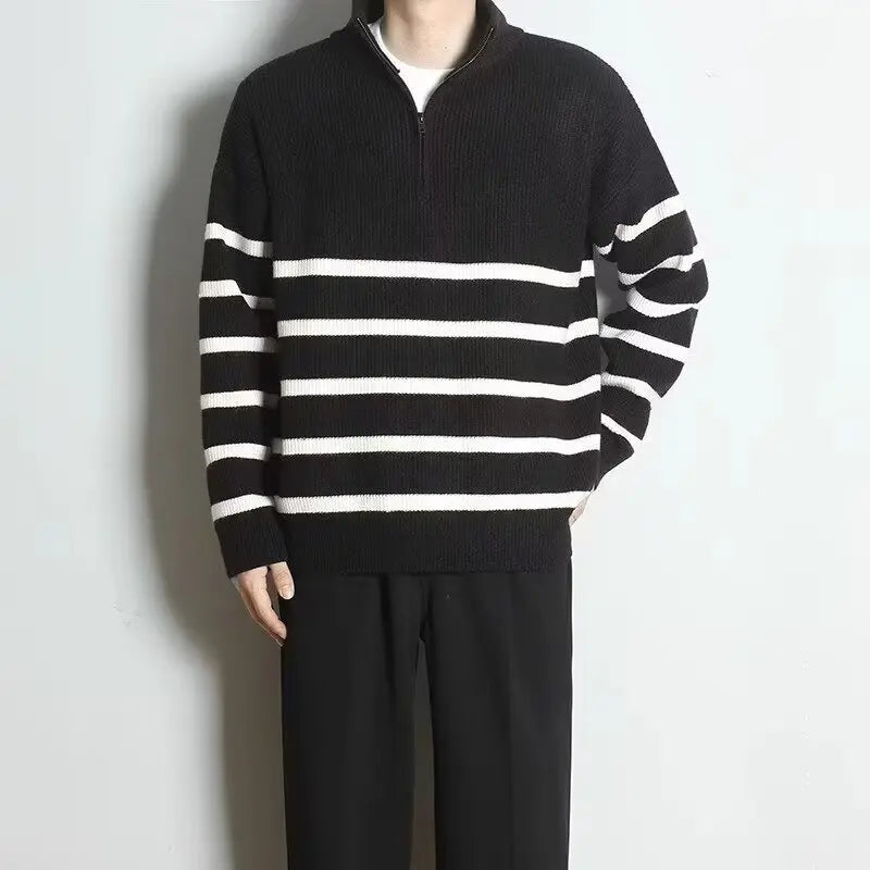 Men’s Korean-Style Striped Knitted Sweater – Mid High Collar Slim Fit Long Sleeve Casual Hoodie - Style Heaven