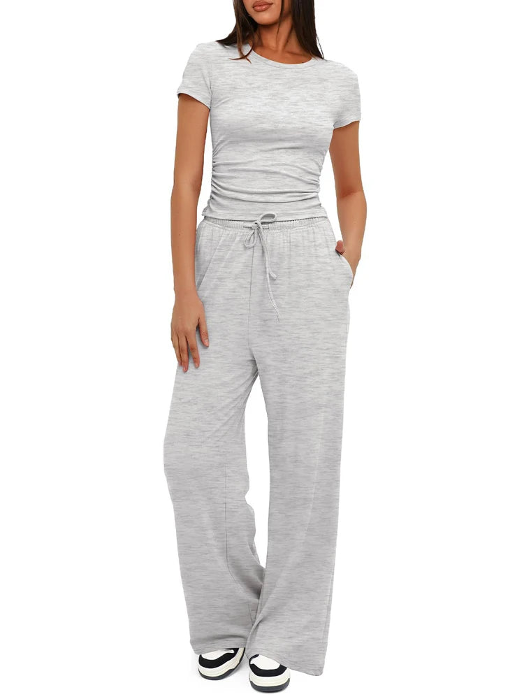 Women's Summer Casual 2-Piece Tracksuit – O-Neck T-Shirt & Wide-Leg Pants Set Style Heaven