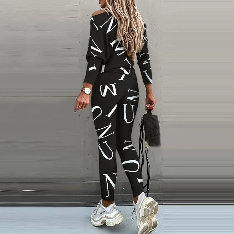 Women’s European & American Style Letter Printed Long Sleeve Pants Casual Suit Style Heaven
