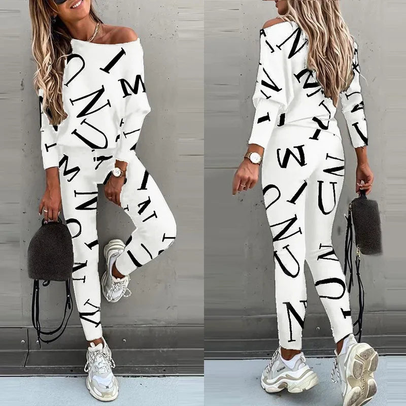 Women’s European & American Style Letter Printed Long Sleeve Pants Casual Suit Style Heaven