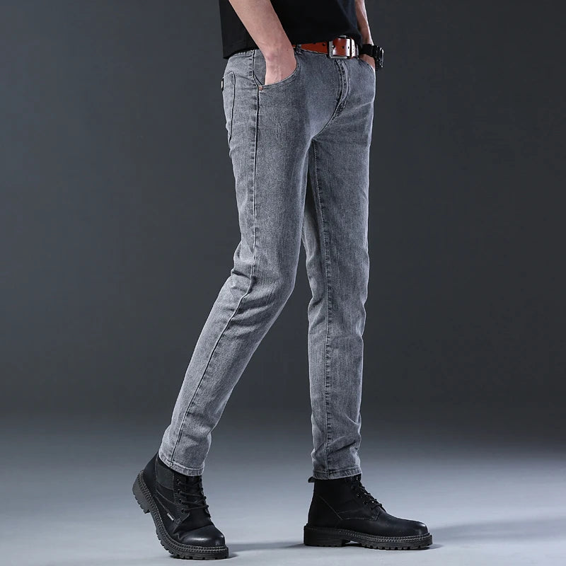 New Style Men’s Slim Fit Jeans – Korean Style Elastic Gray Mid-Waist Denim Pants Style Heaven