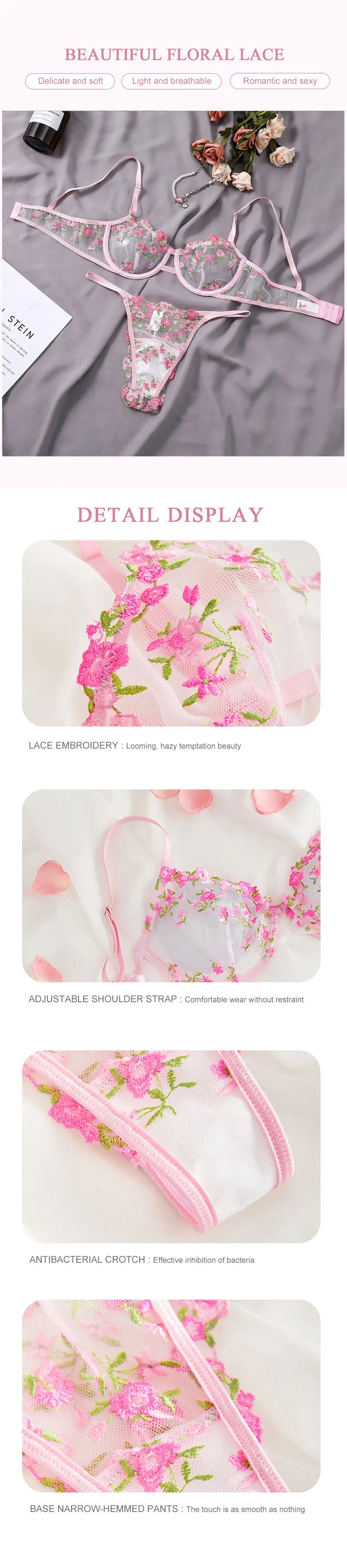 Sexy Transparent Lace Lingerie Set – Flower Embroidered V-Neck See-Through Bra & Panty Style Heaven