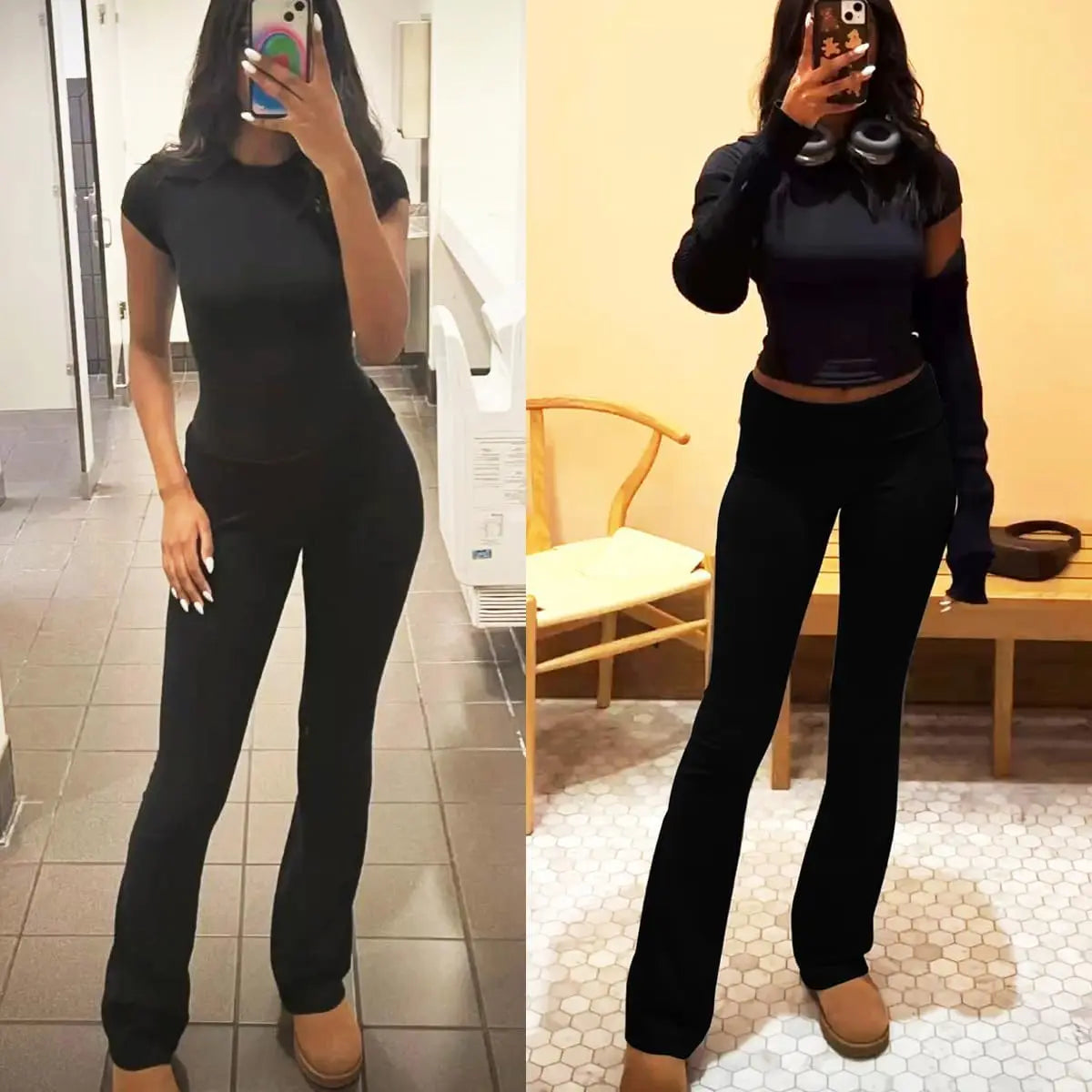 Women's 2-Piece Workout Set – Crew Neck T-Shirt & Low Rise Flare Pants Style Heaven