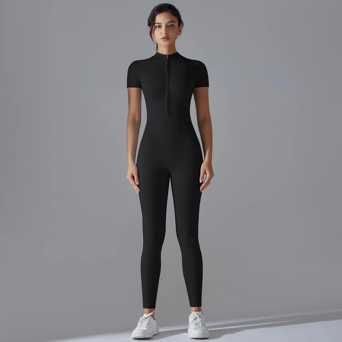 Women’s One-Piece Short Sleeve Yoga Jumpsuit with Zipper – Push-Up Gym Fitness Bodysuit Style Heaven