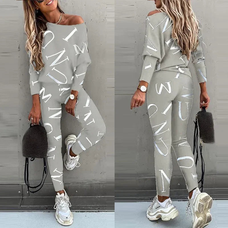Women’s European & American Style Letter Printed Long Sleeve Pants Casual Suit Style Heaven