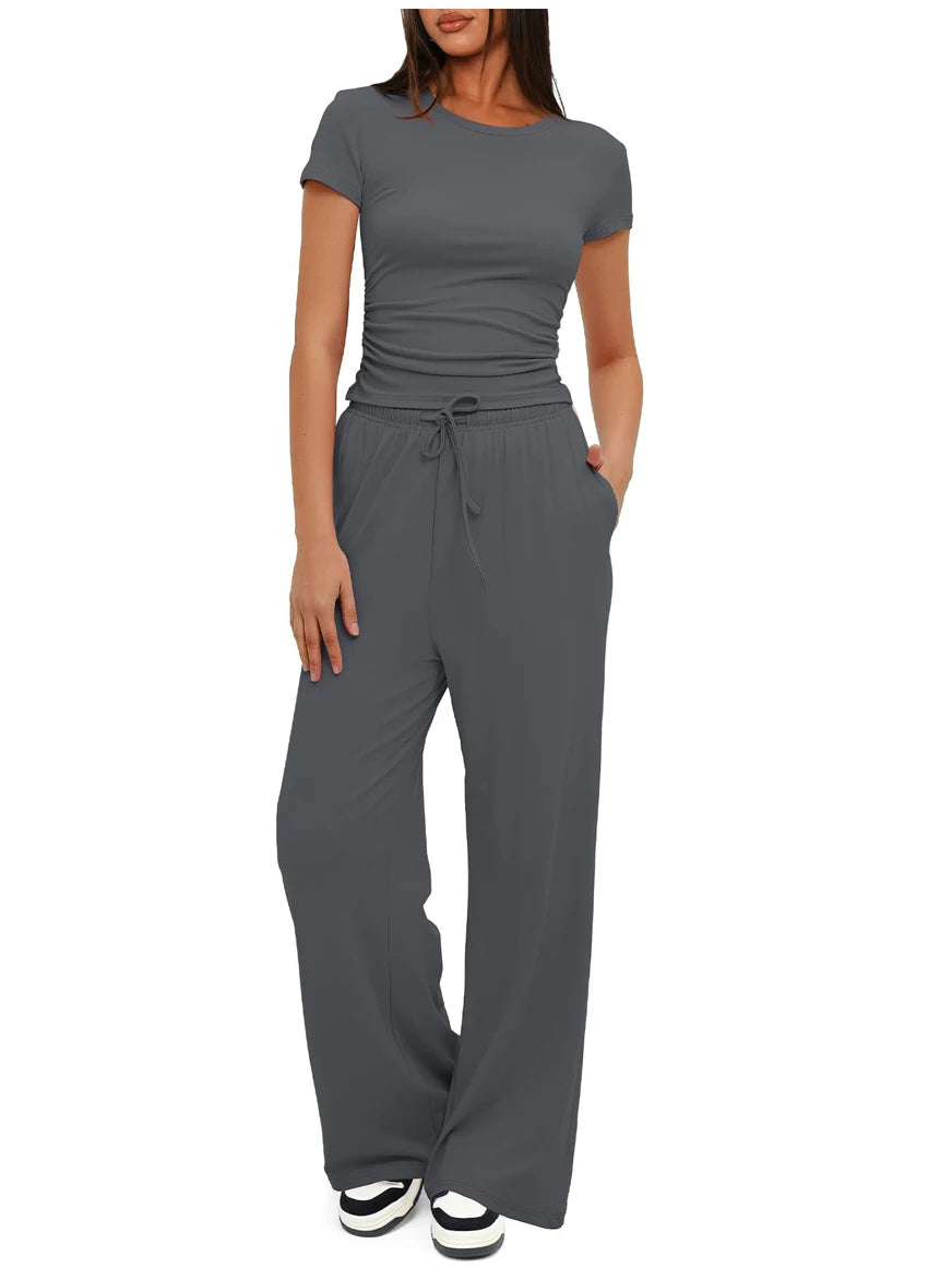Women's Summer Casual 2-Piece Tracksuit – O-Neck T-Shirt & Wide-Leg Pants Set Style Heaven