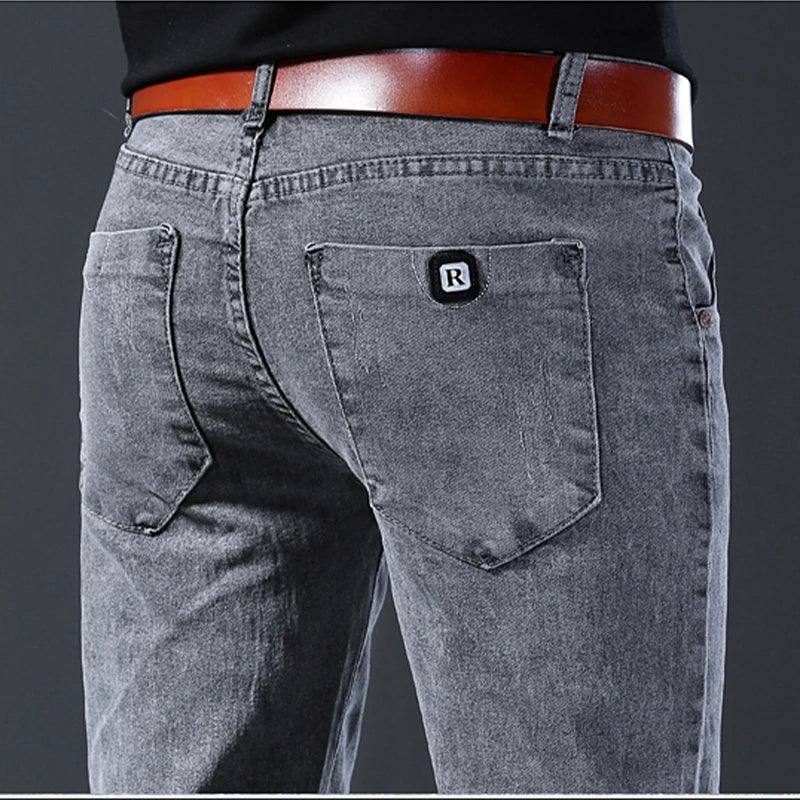 New Style Men’s Slim Fit Jeans – Korean Style Elastic Gray Mid-Waist Denim Pants Style Heaven