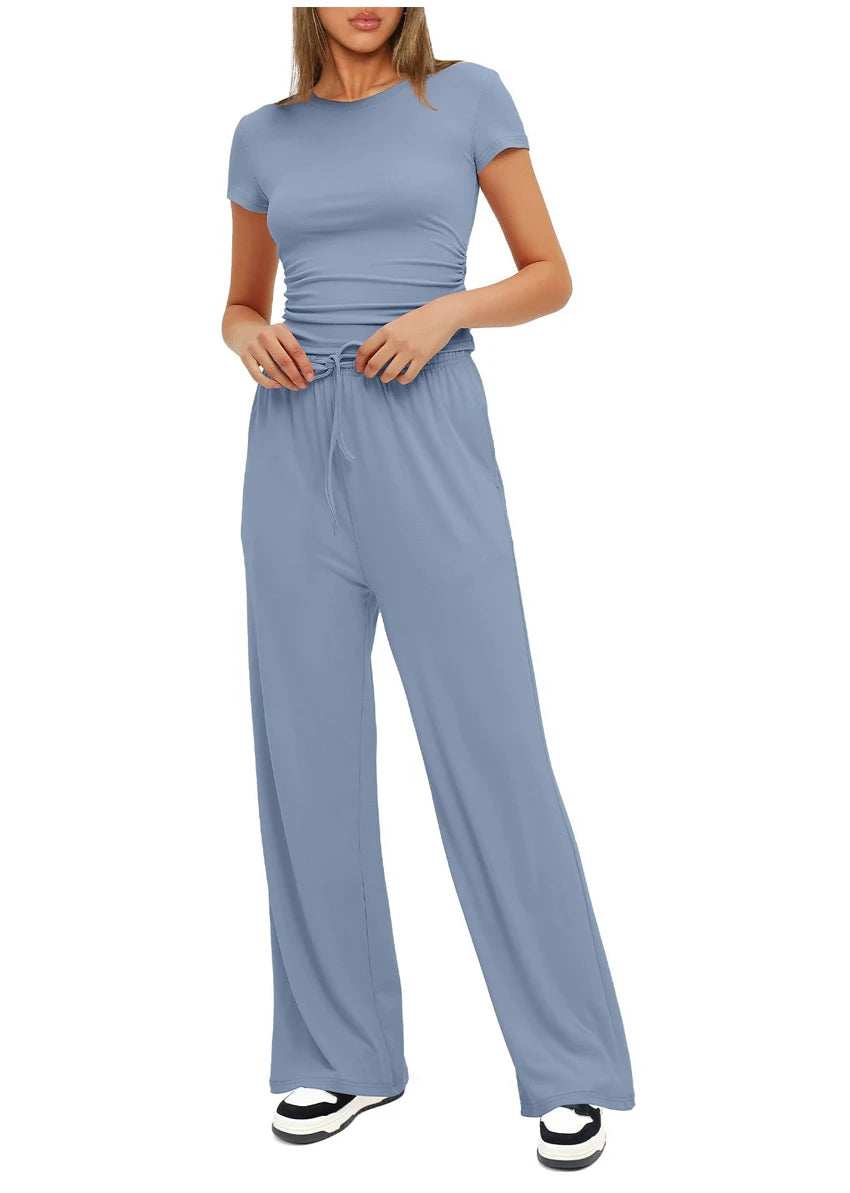 Women's Summer Casual 2-Piece Tracksuit – O-Neck T-Shirt & Wide-Leg Pants Set Style Heaven