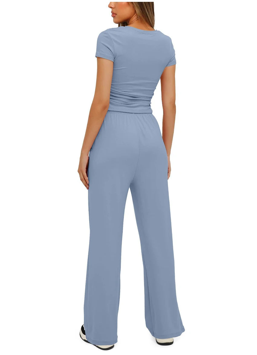 Women's Summer Casual 2-Piece Tracksuit – O-Neck T-Shirt & Wide-Leg Pants Set Style Heaven