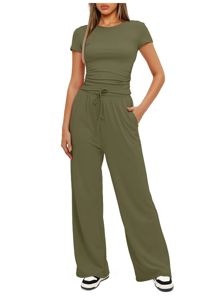 Women's Summer Casual 2-Piece Tracksuit – O-Neck T-Shirt & Wide-Leg Pants Set Style Heaven