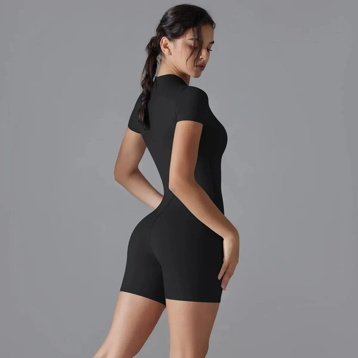 Women's One-Piece Zipper Yoga Jumpsuit – Short Sleeve Push-Up Gym Bodysuit Style Heaven