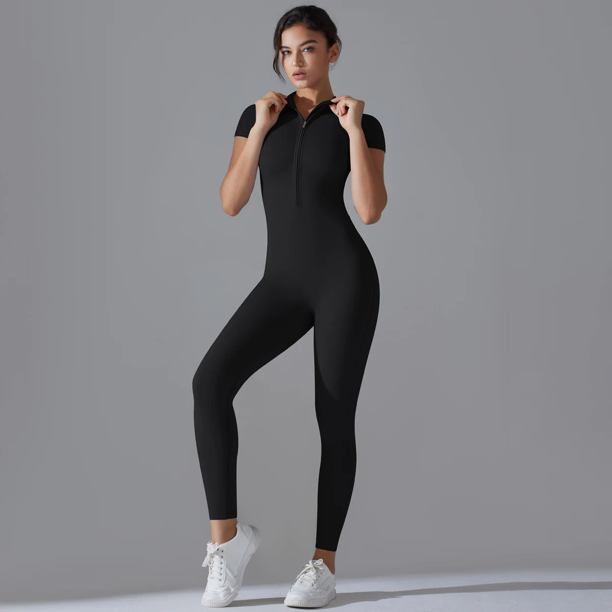 Women’s One-Piece Short Sleeve Yoga Jumpsuit with Zipper – Push-Up Gym Fitness Bodysuit Style Heaven