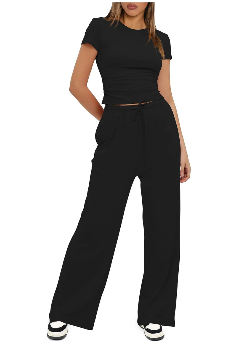 Women's Summer Casual 2-Piece Tracksuit – O-Neck T-Shirt & Wide-Leg Pants Set Style Heaven