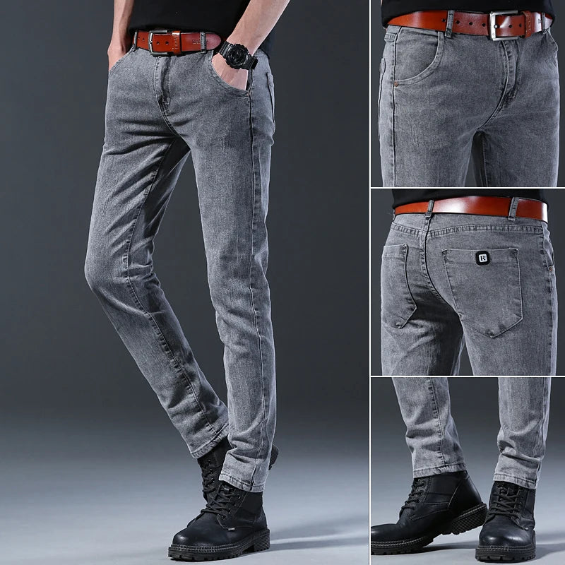 New Style Men’s Slim Fit Jeans – Korean Style Elastic Gray Mid-Waist Denim Pants Style Heaven