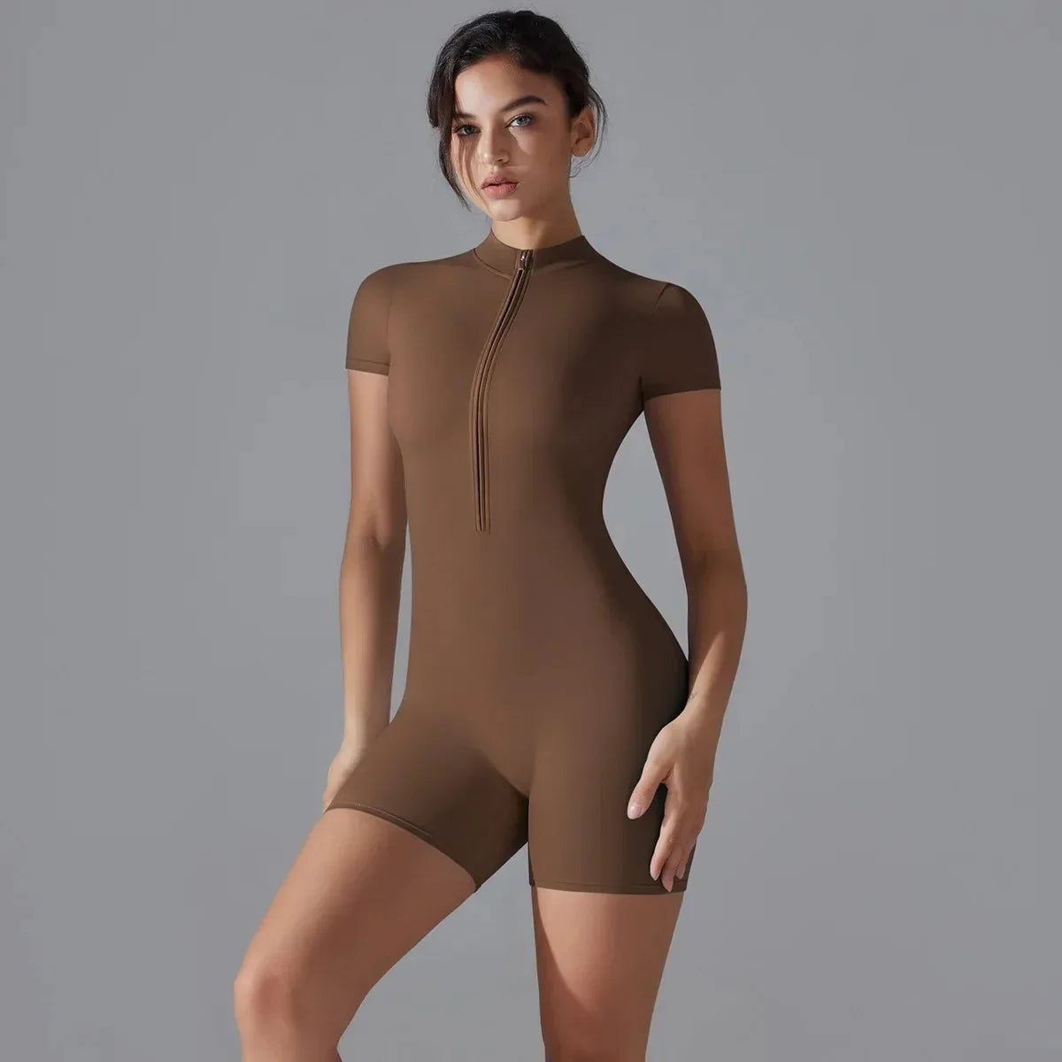 Women's One-Piece Zipper Yoga Jumpsuit – Short Sleeve Push-Up Gym Bodysuit Style Heaven
