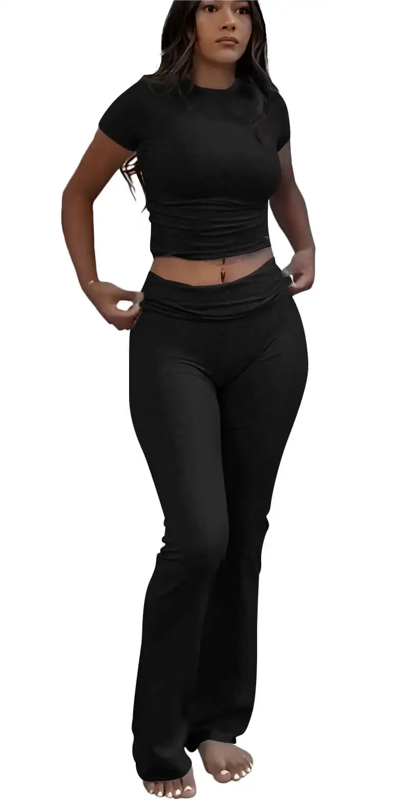 Women's 2-Piece Workout Set – Crew Neck T-Shirt & Low Rise Flare Pants Style Heaven
