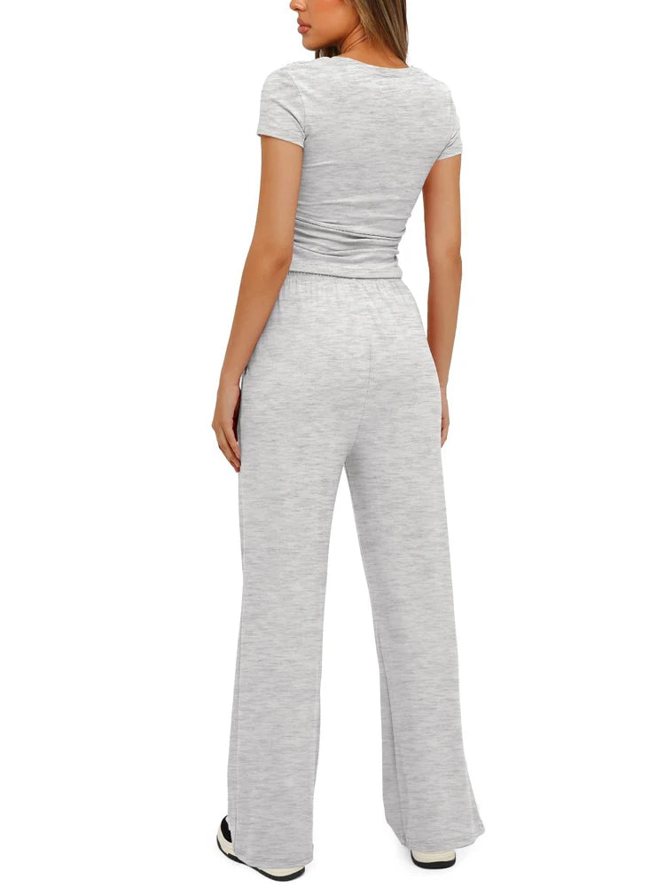 Women's Summer Casual 2-Piece Tracksuit – O-Neck T-Shirt & Wide-Leg Pants Set Style Heaven