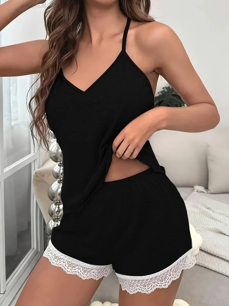 Women's Grey Spaghetti Strap Pajama Set Lace Hem Cami Top and Shorts Soft Knit Sleepwear Loungewear Comfortable Casual Pjs